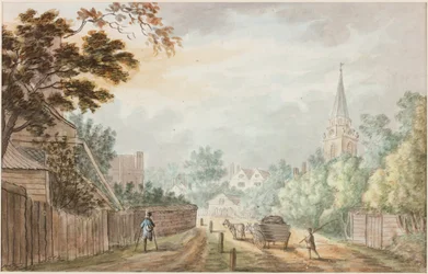 Uma vista na pista perto de Battersea Fields (lápis e aquarela sobre papel)